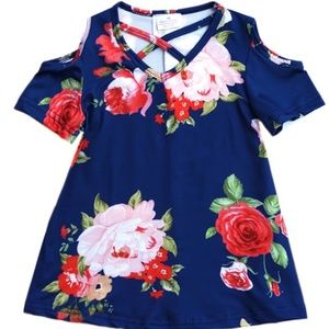 Girls Cold Shoulder Floral Navy Tunic top